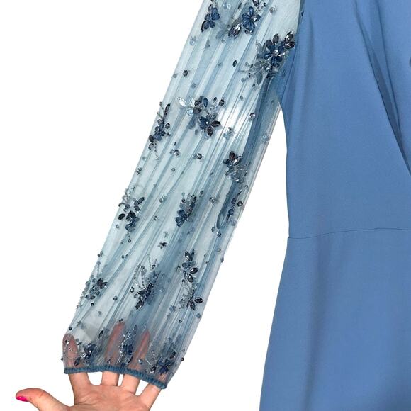 NWT Theia Kiera Beaded Puff Sleeve Gown in Storm Blue Size 4 - Picture 8 of 16